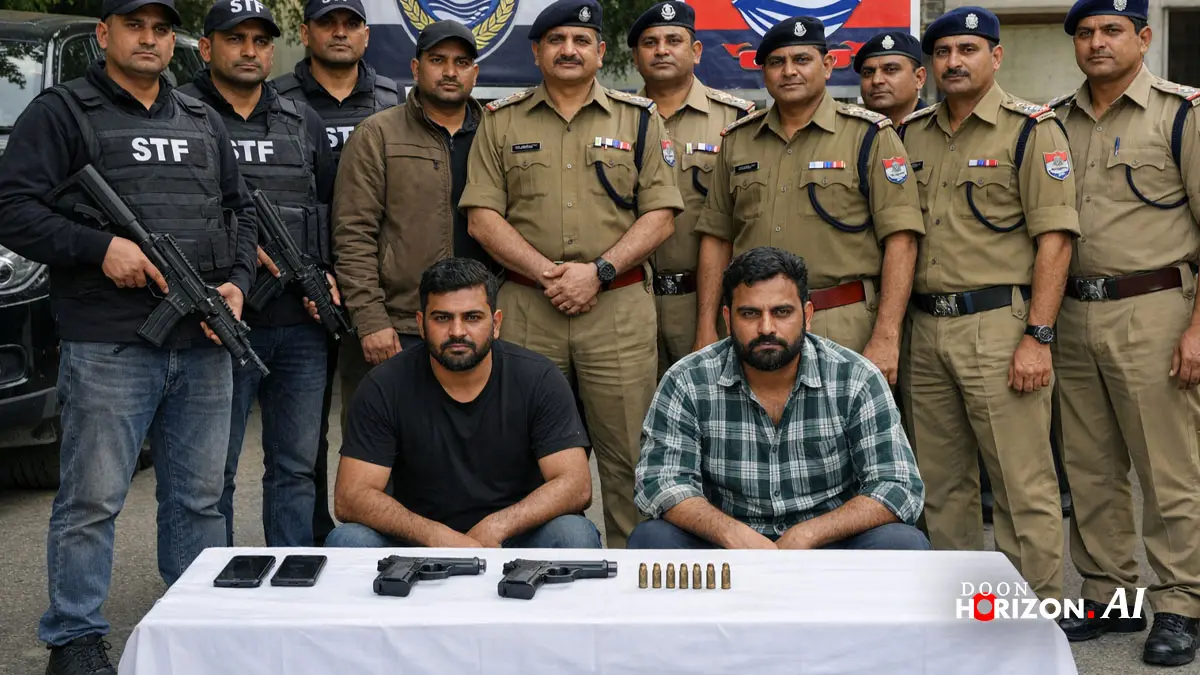 देहरादून के राजपुर से पुलिस और एसटीएफ द्वारा गिरफ्तार किए गए सुनील राठी गैंग के दो गुर्गे और उनसे बरामद अवैध हथियार।